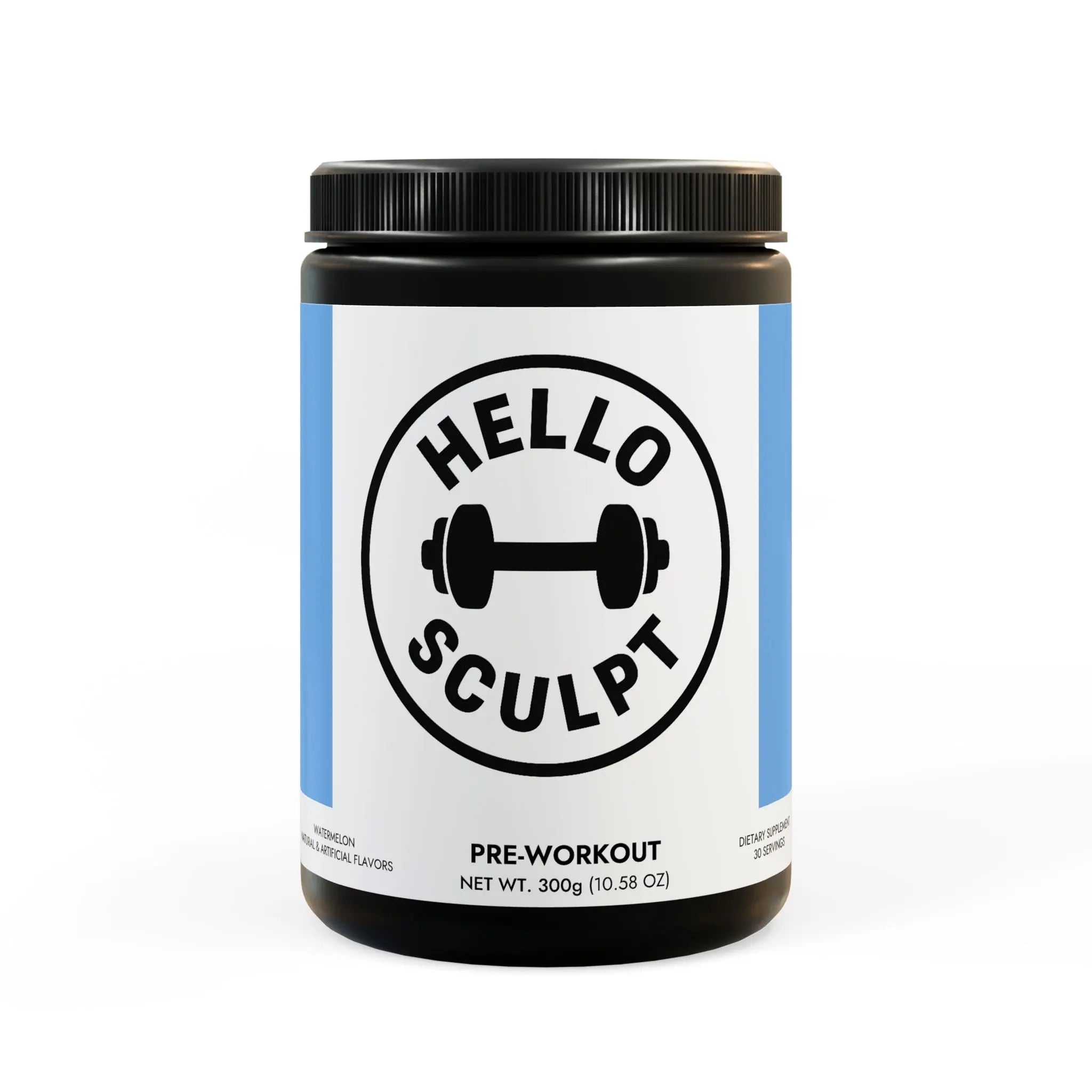 Pre-workout supplement container labeled 'Hello Sculpt' on a white background