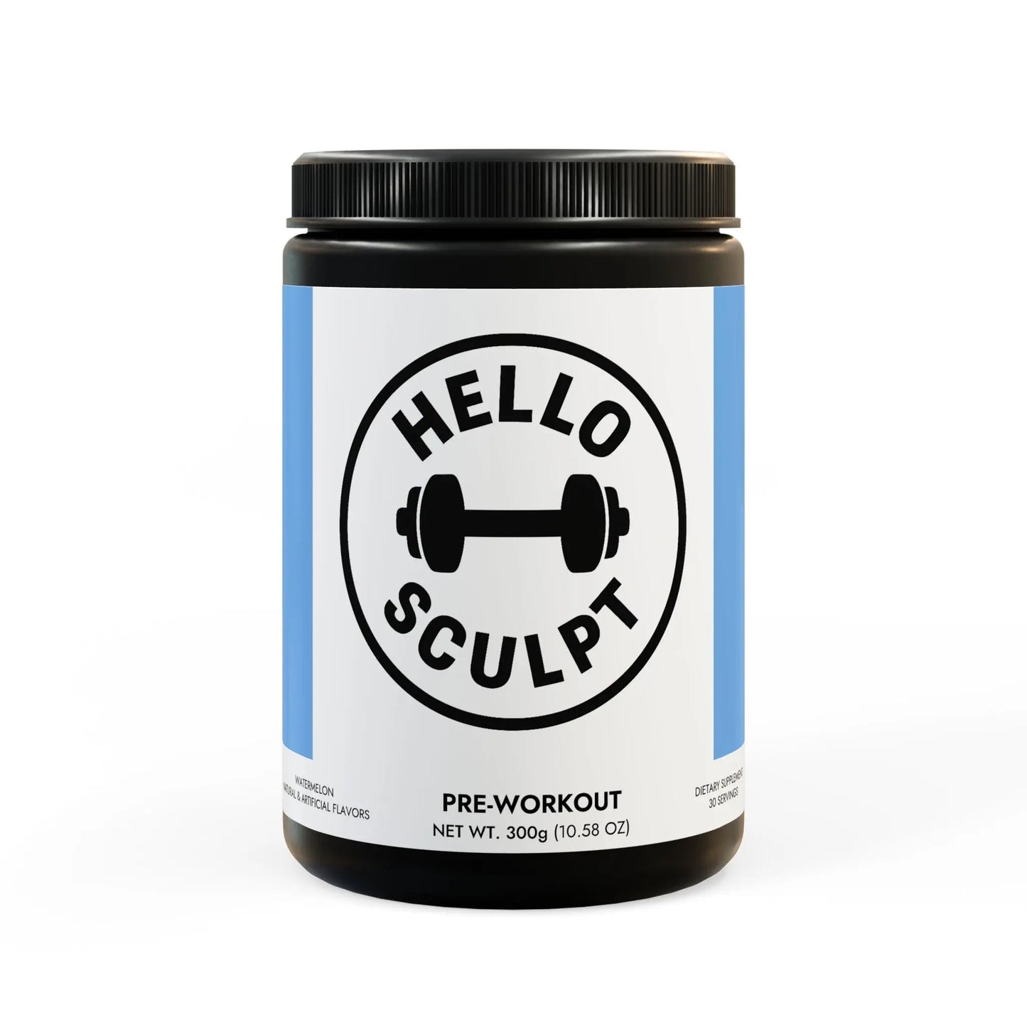 Pre-workout supplement container labeled 'Hello Sculpt' on a white background