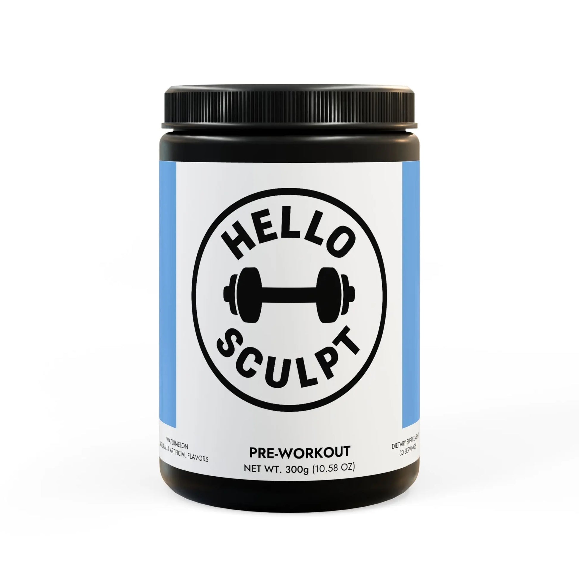 Pre-workout supplement container labeled 'Hello Sculpt' on a white background