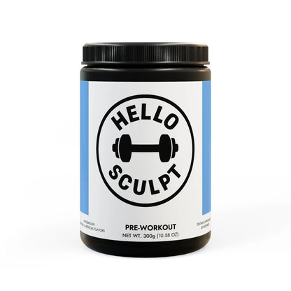 Pre-workout supplement container labeled 'Hello Sculpt' on a white background